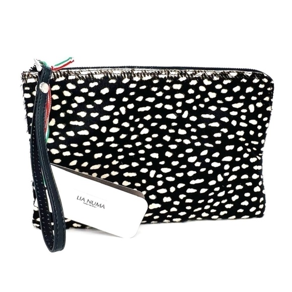 Lia Numa Clutch Wristlet Cowhide Animal Print Leather Black & White Bag New NWT - Picture 1 of 7